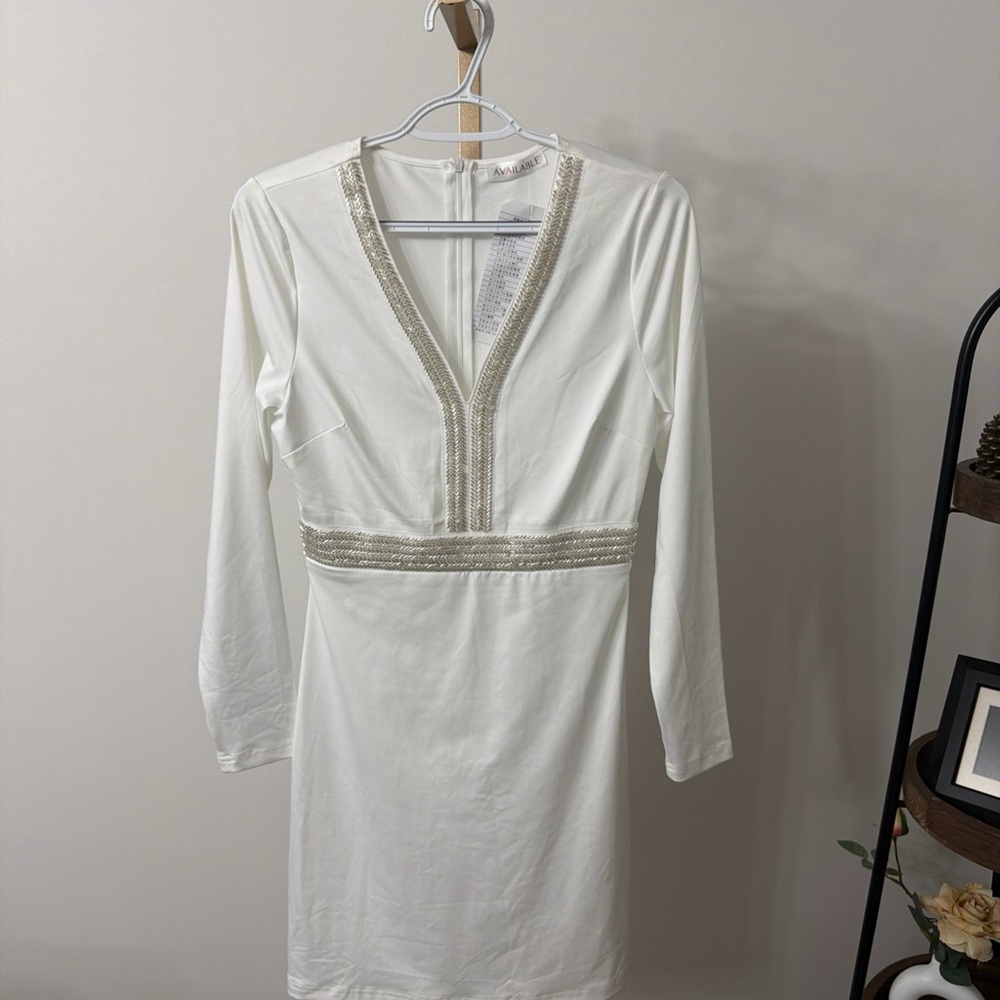 Chic Long Sleeve White Dress with Gold Detailing
